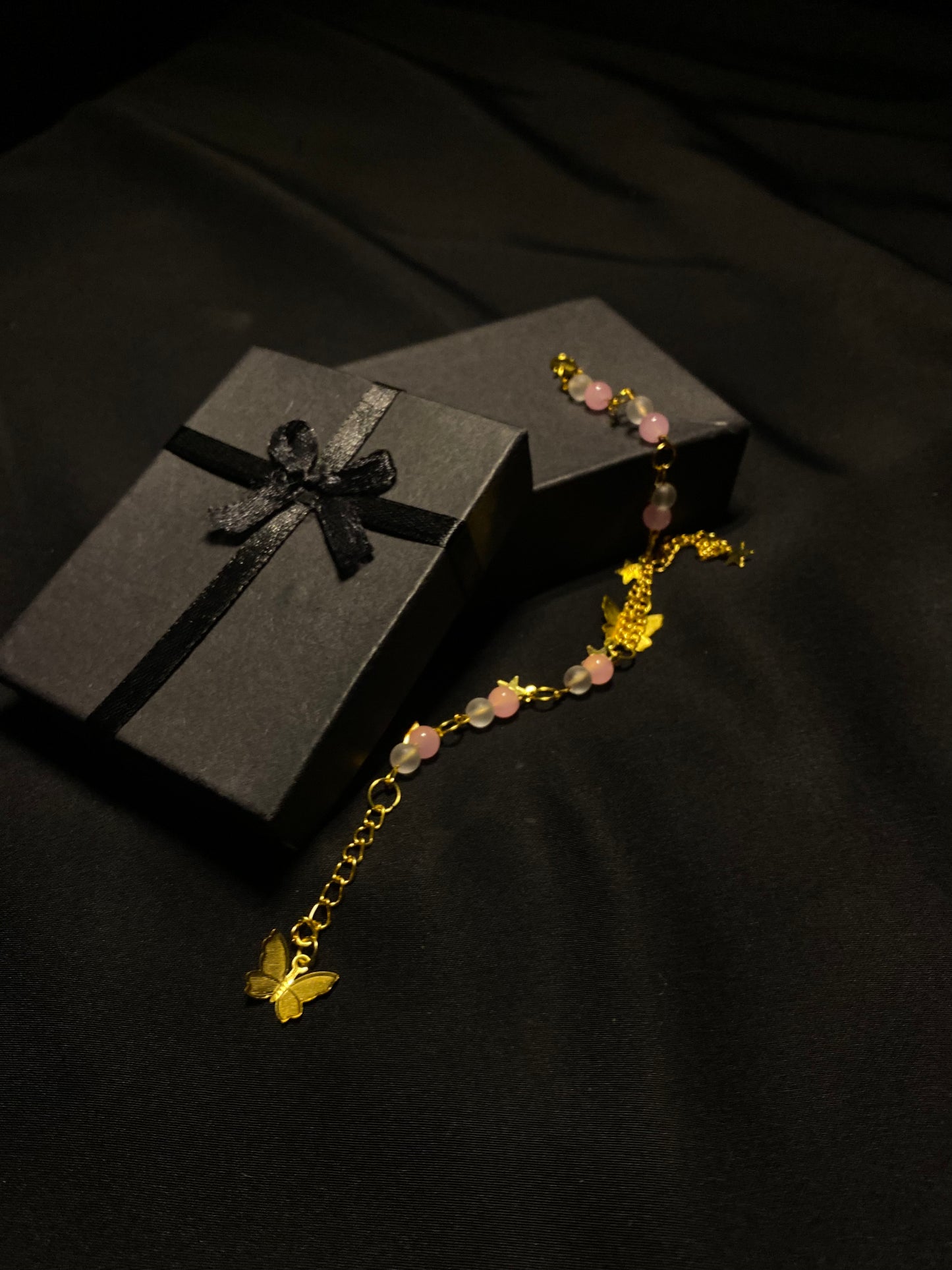 BRUNQPNWH - 01 - Pink and White stones Golden chain Bracelet with Butterfly charm
