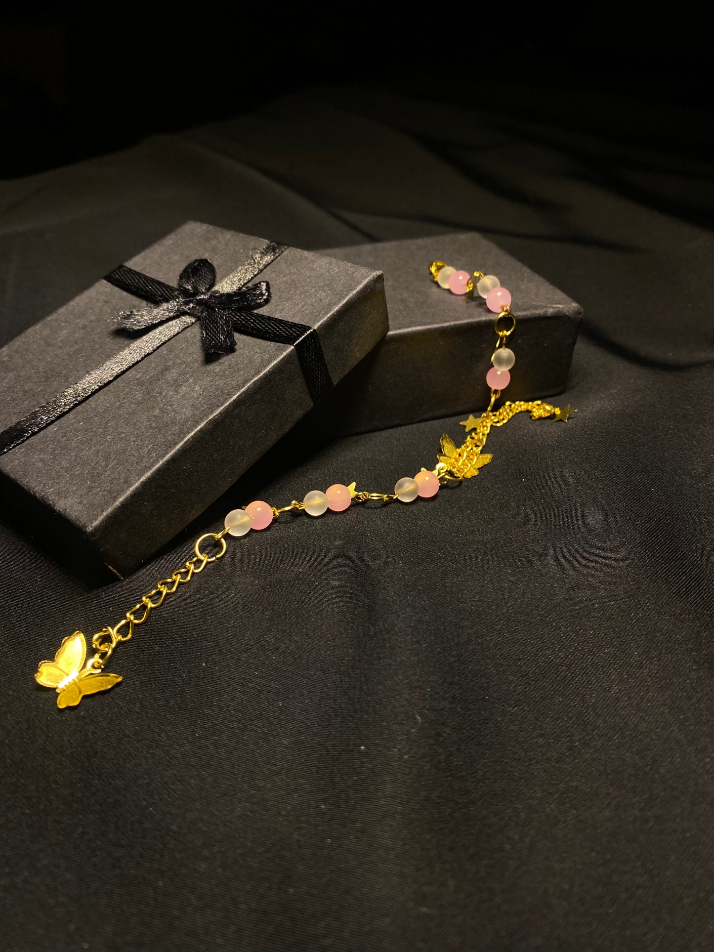 BRUNQPNWH - 01 - Pink and White stones Golden chain Bracelet with Butterfly charm