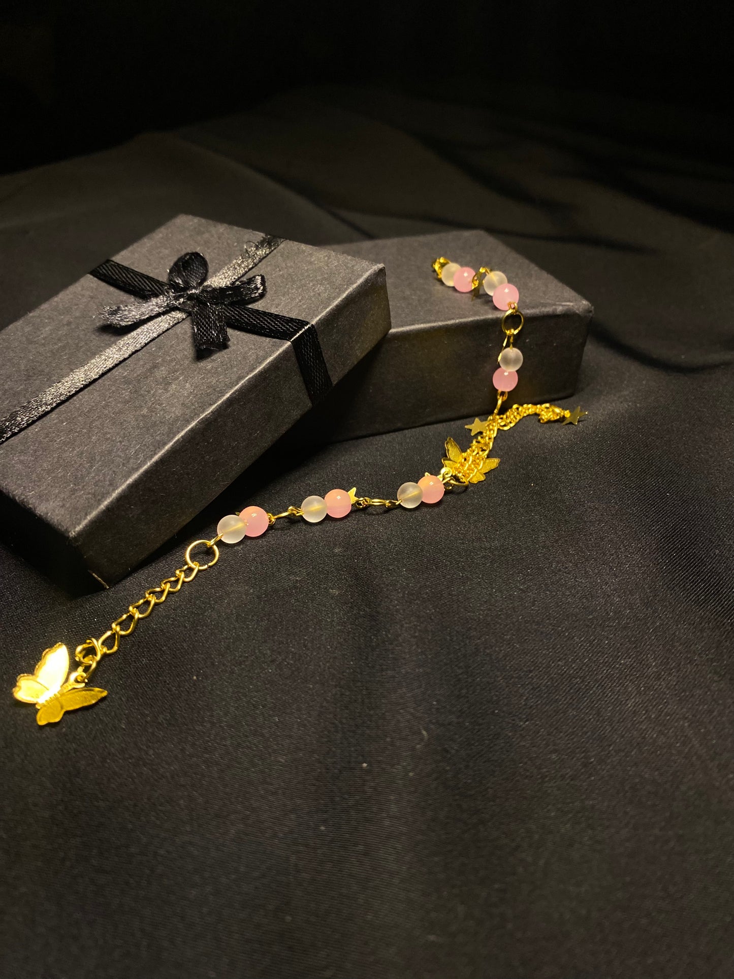 BRUNQPNWH - 01 - Pink and White stones Golden chain Bracelet with Butterfly charm