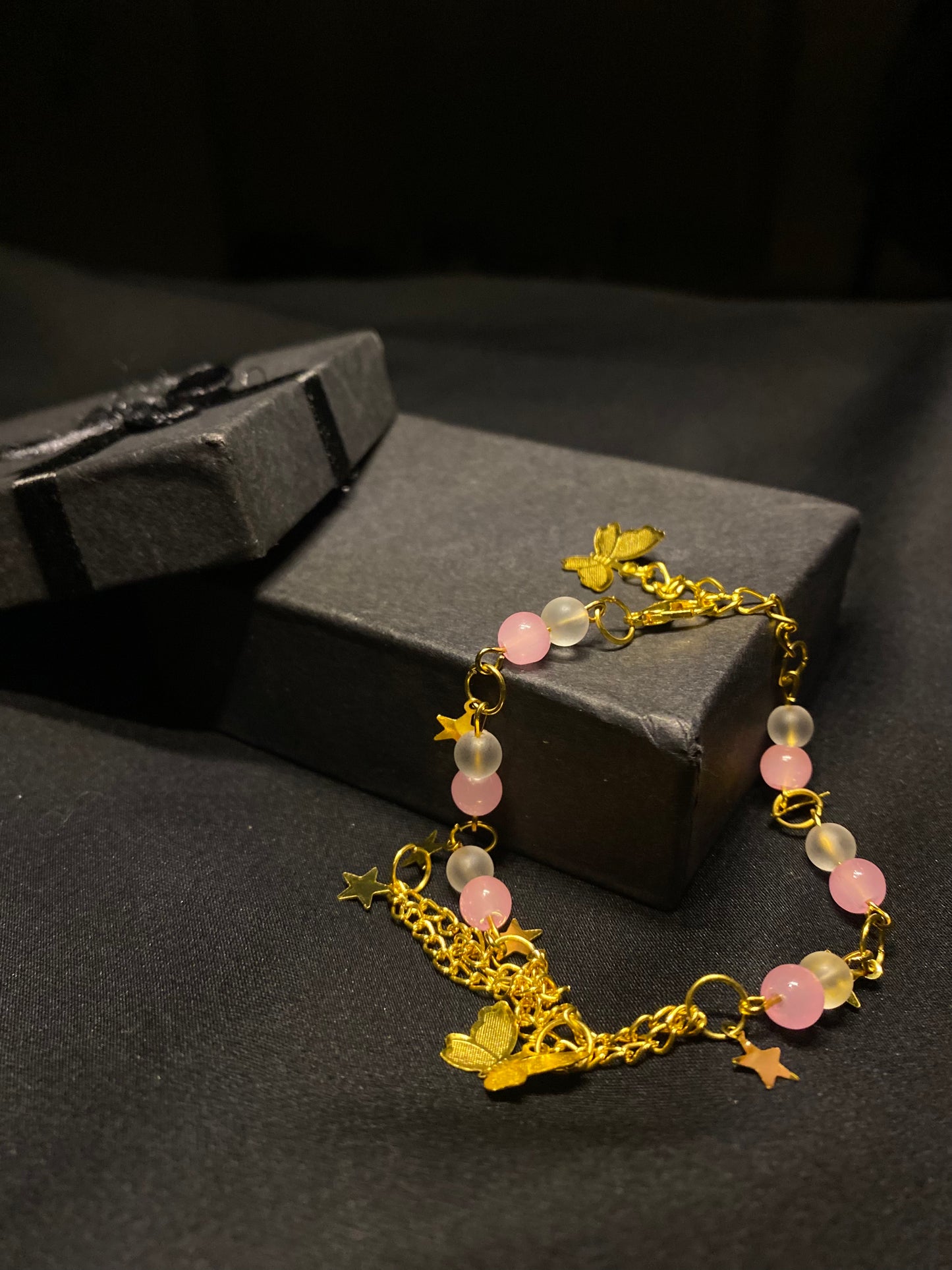 BRUNQPNWH - 01 - Pink and White stones Golden chain Bracelet with Butterfly charm