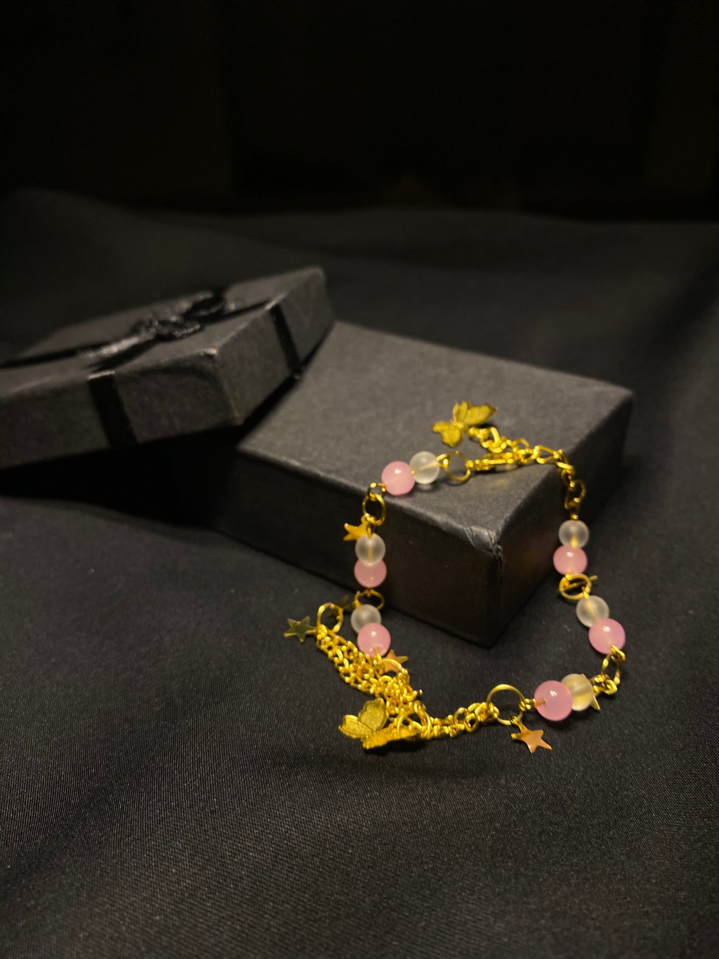 BRUNQPNWH - 01 - Pink and White stones Golden chain Bracelet with Butterfly charm