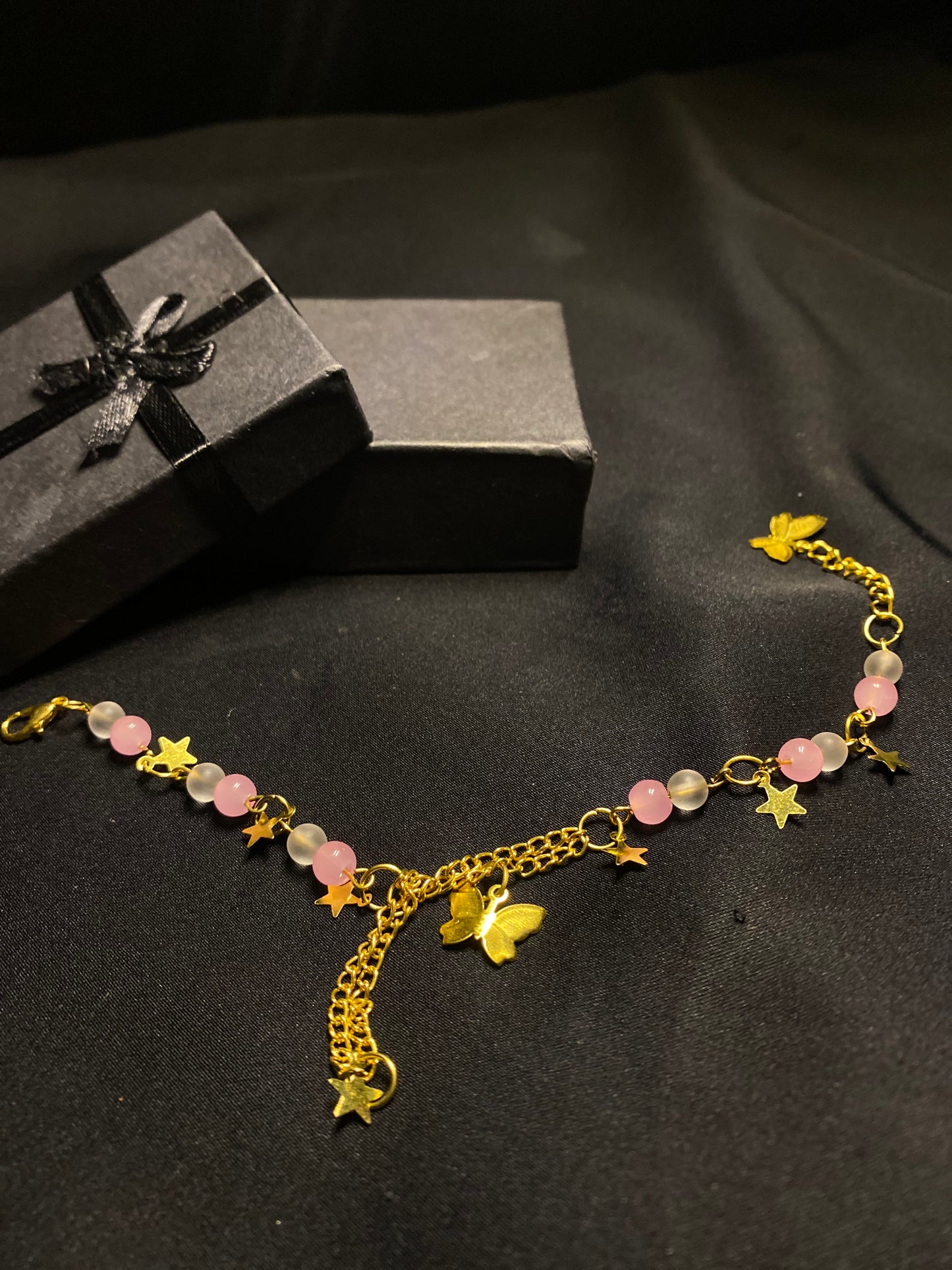 BRUNQPNWH - 01 - Pink and White stones Golden chain Bracelet with Butterfly charm