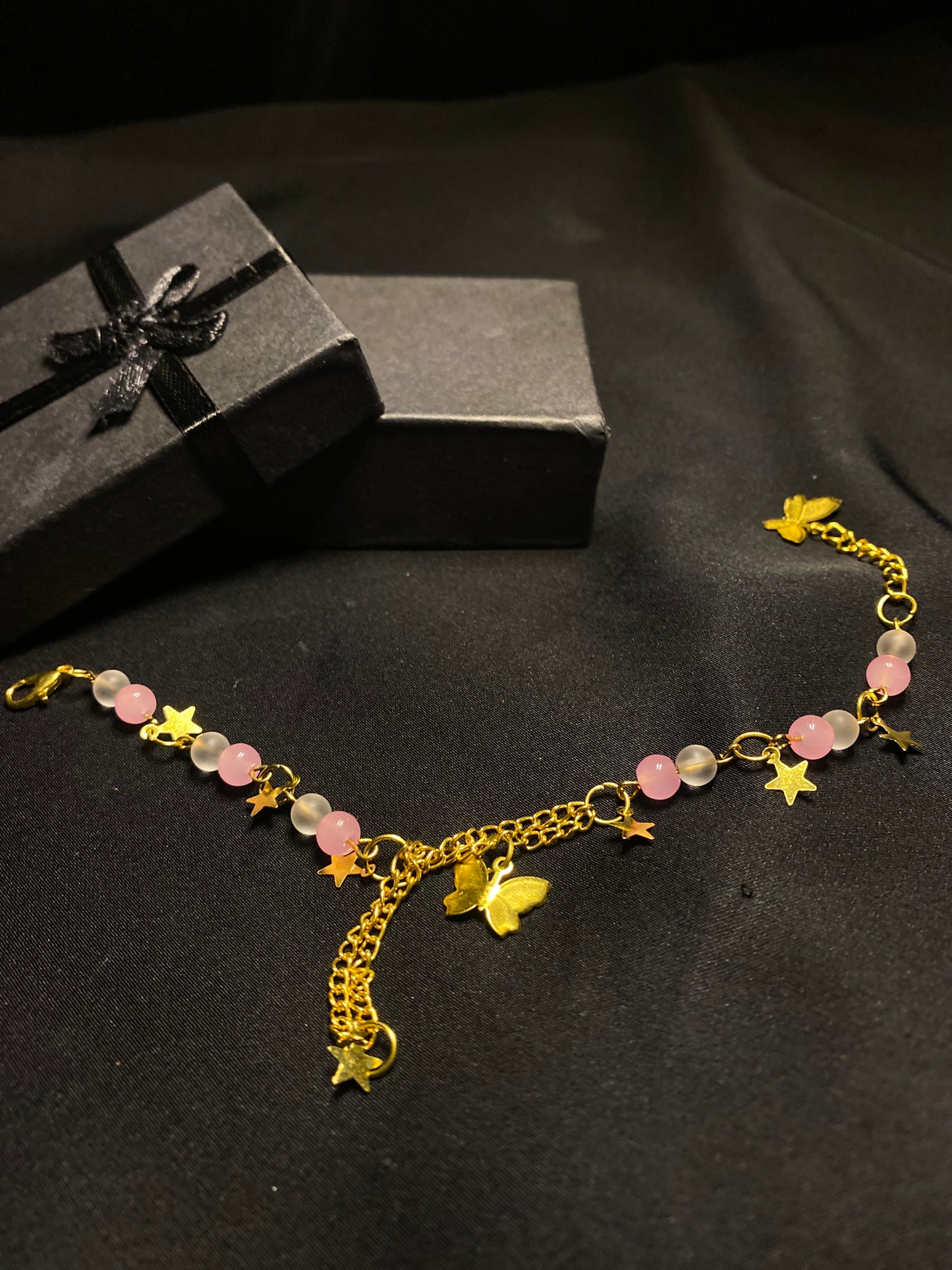 BRUNQPNWH - 01 - Pink and White stones Golden chain Bracelet with Butterfly charm