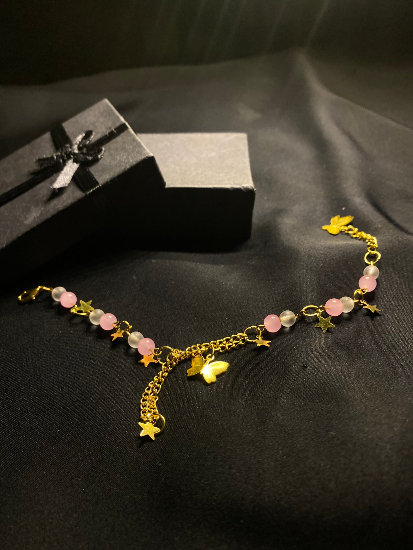 BRUNQPNWH - 01 - Pink and White stones Golden chain Bracelet with Butterfly charm