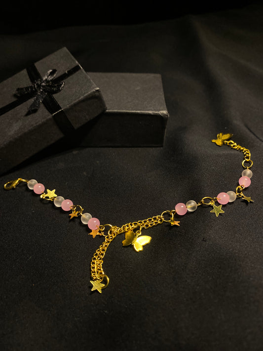 BRUNQPNWH - 01 - Pink and White stones Golden chain Bracelet with Butterfly charm