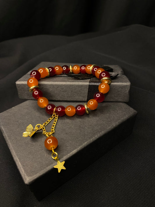 BRBST-01- Double Shade Brown Stone Bracelet with hanging chain and butterfly Charm
