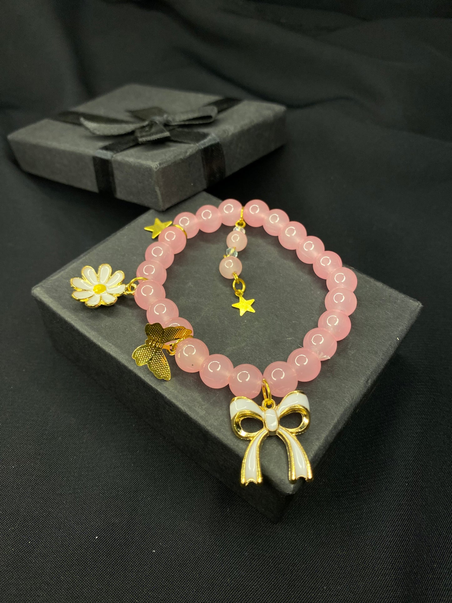 BRPNST-02-Pink Stone Bracelet with Hanging Charms( Daisy Flower, Star  Butterfly, Bow)