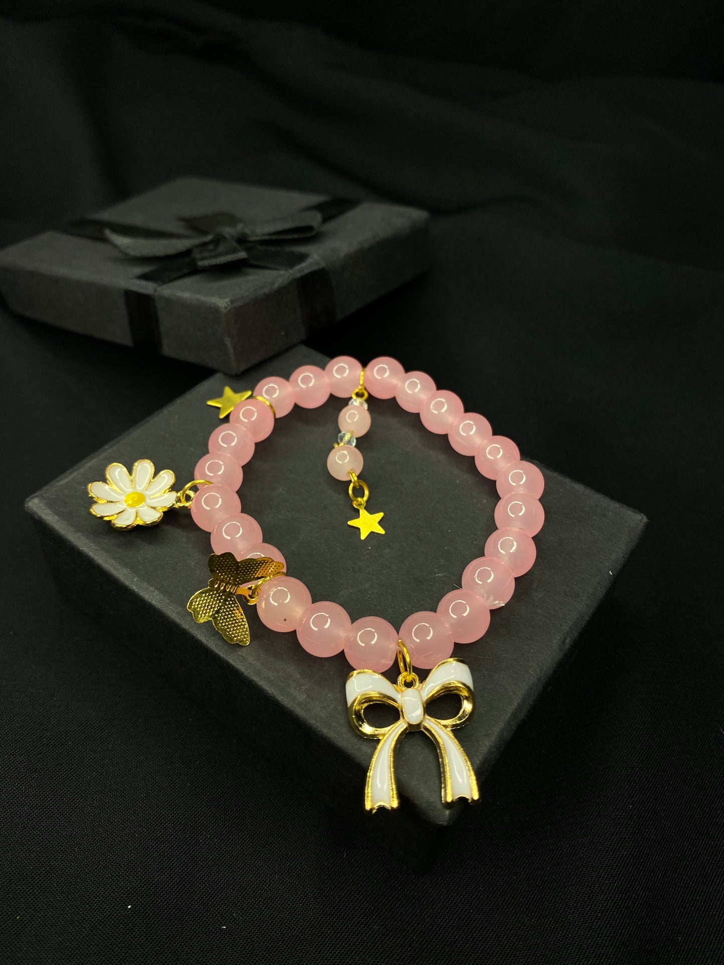 BRPNST-02-Pink Stone Bracelet with Hanging Charms( Daisy Flower, Star  Butterfly, Bow)