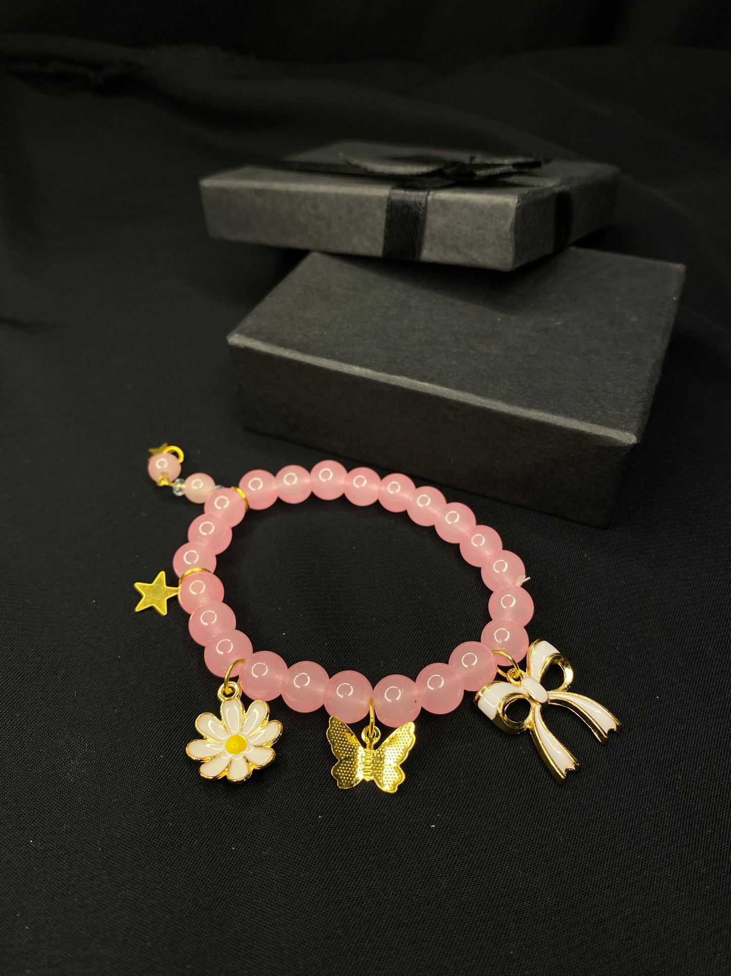 BRPNST-02-Pink Stone Bracelet with Hanging Charms( Daisy Flower, Star  Butterfly, Bow)