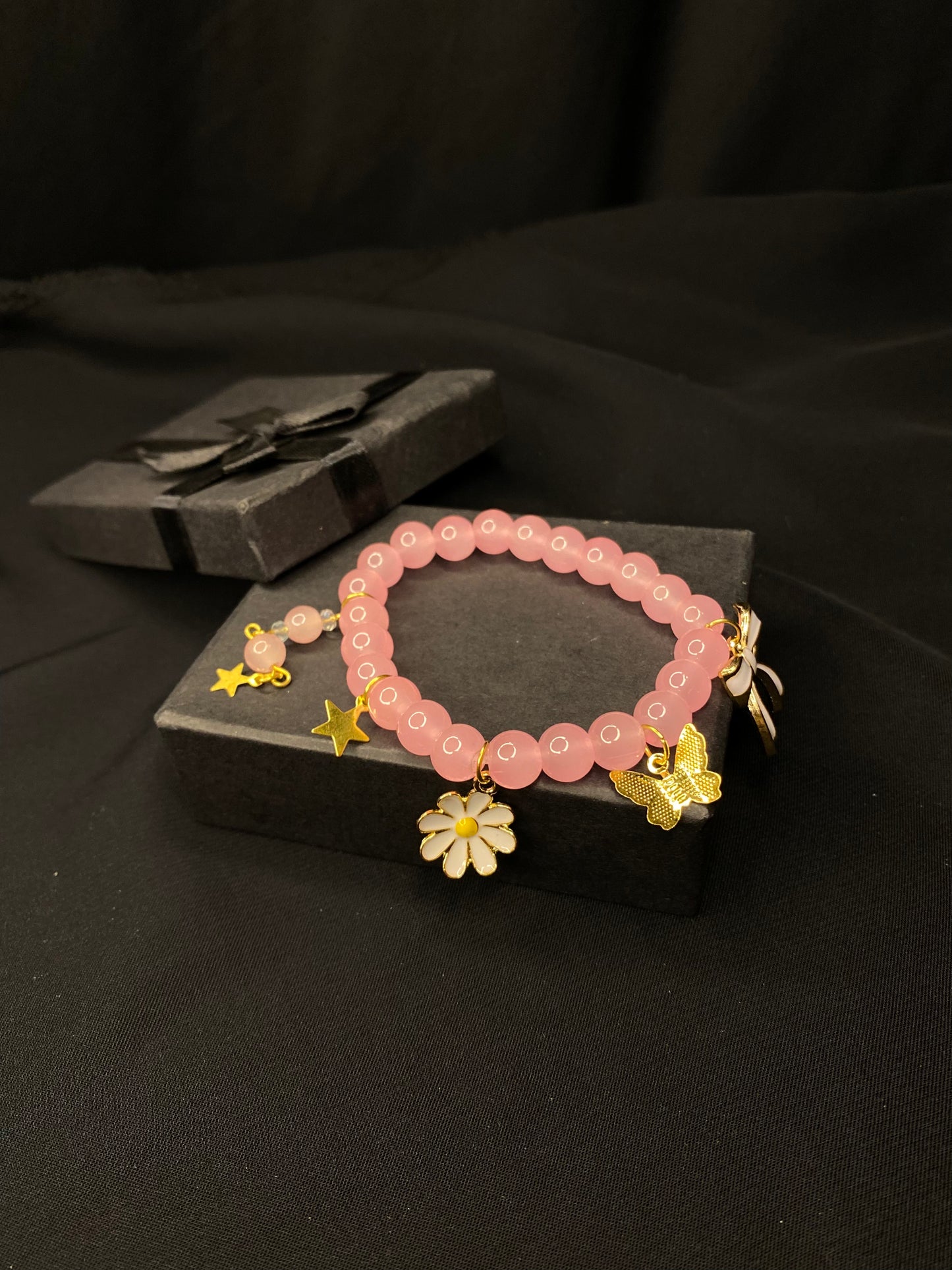 BRPNST-02-Pink Stone Bracelet with Hanging Charms( Daisy Flower, Star  Butterfly, Bow)