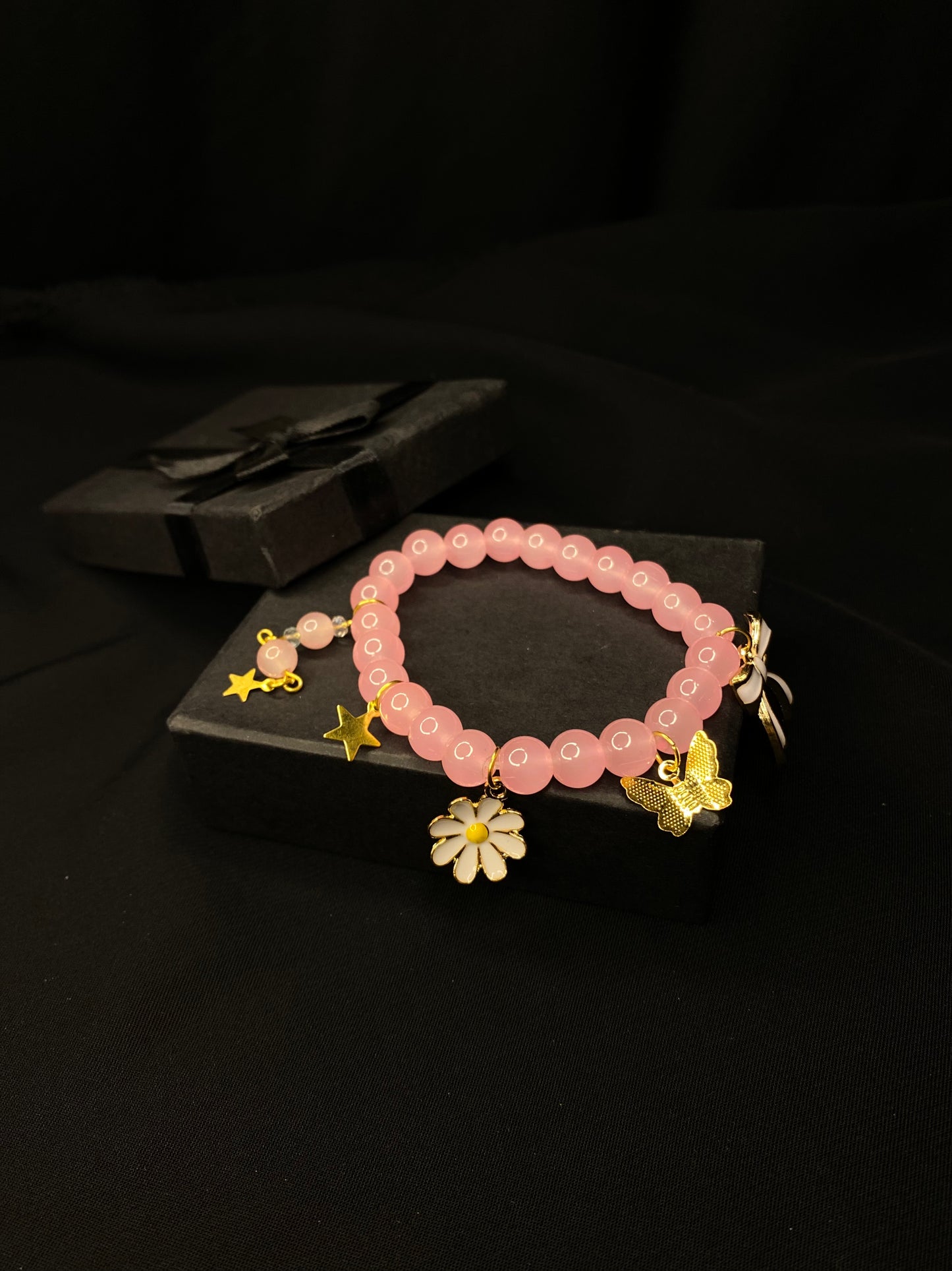 BRPNST-02-Pink Stone Bracelet with Hanging Charms( Daisy Flower, Star  Butterfly, Bow)